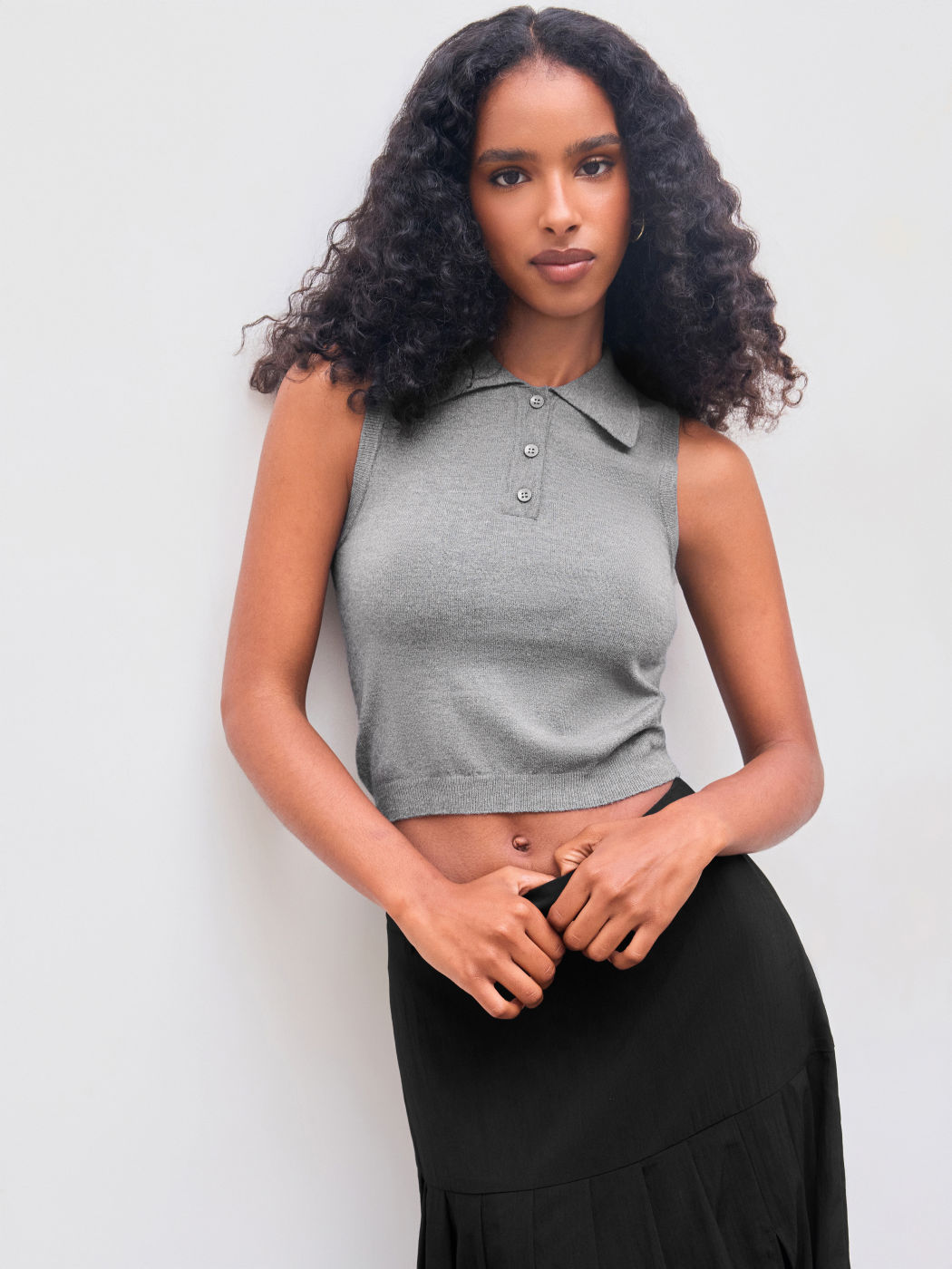 Canotta Knit Polo Solid Button Crop