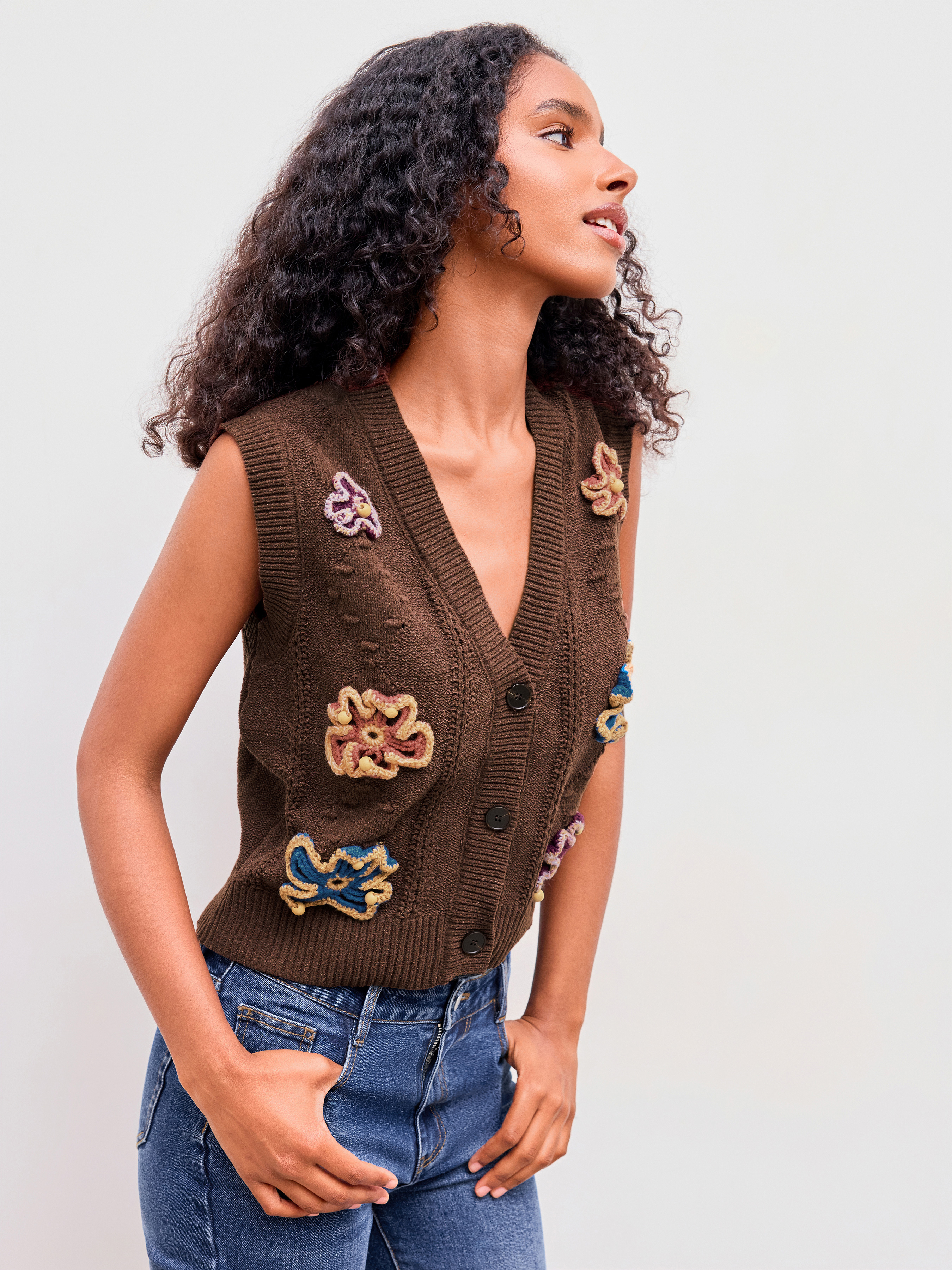 Knit Fabric Knit V-neck Retro Flower Crop Vest For Coffee