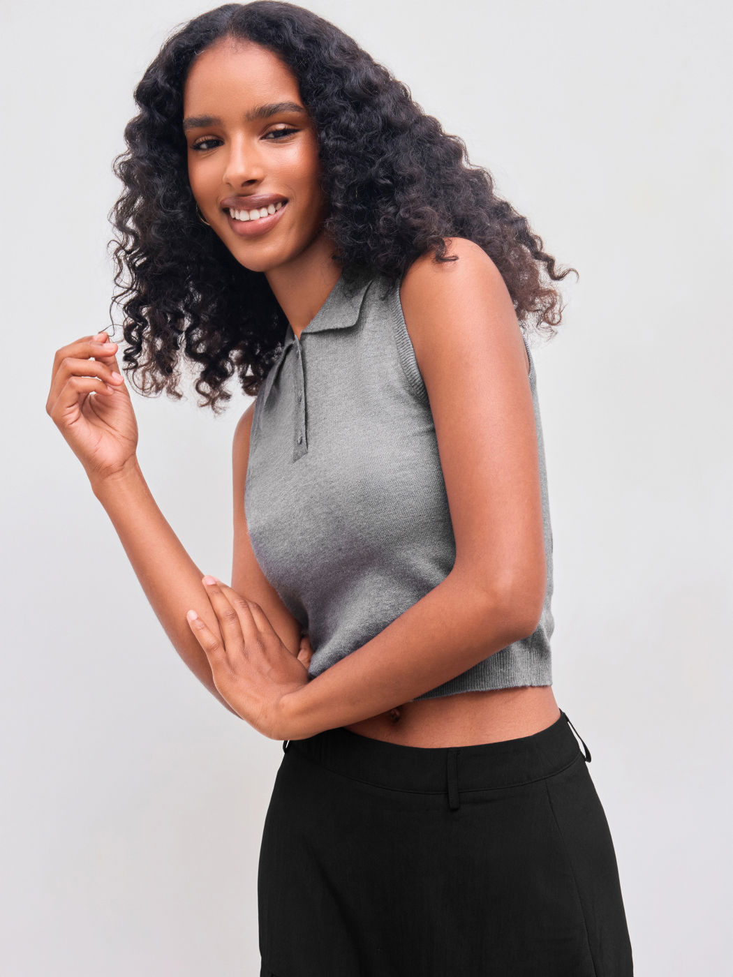 Canotta Knit Polo Solid Button Crop