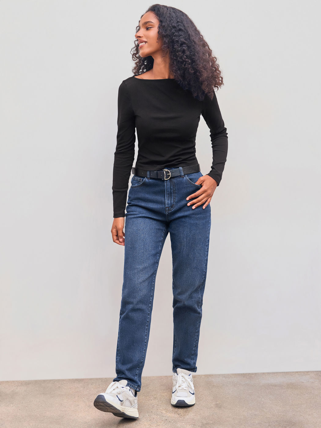Cotton-blend Boat Neck Solid Long Sleeve Tee