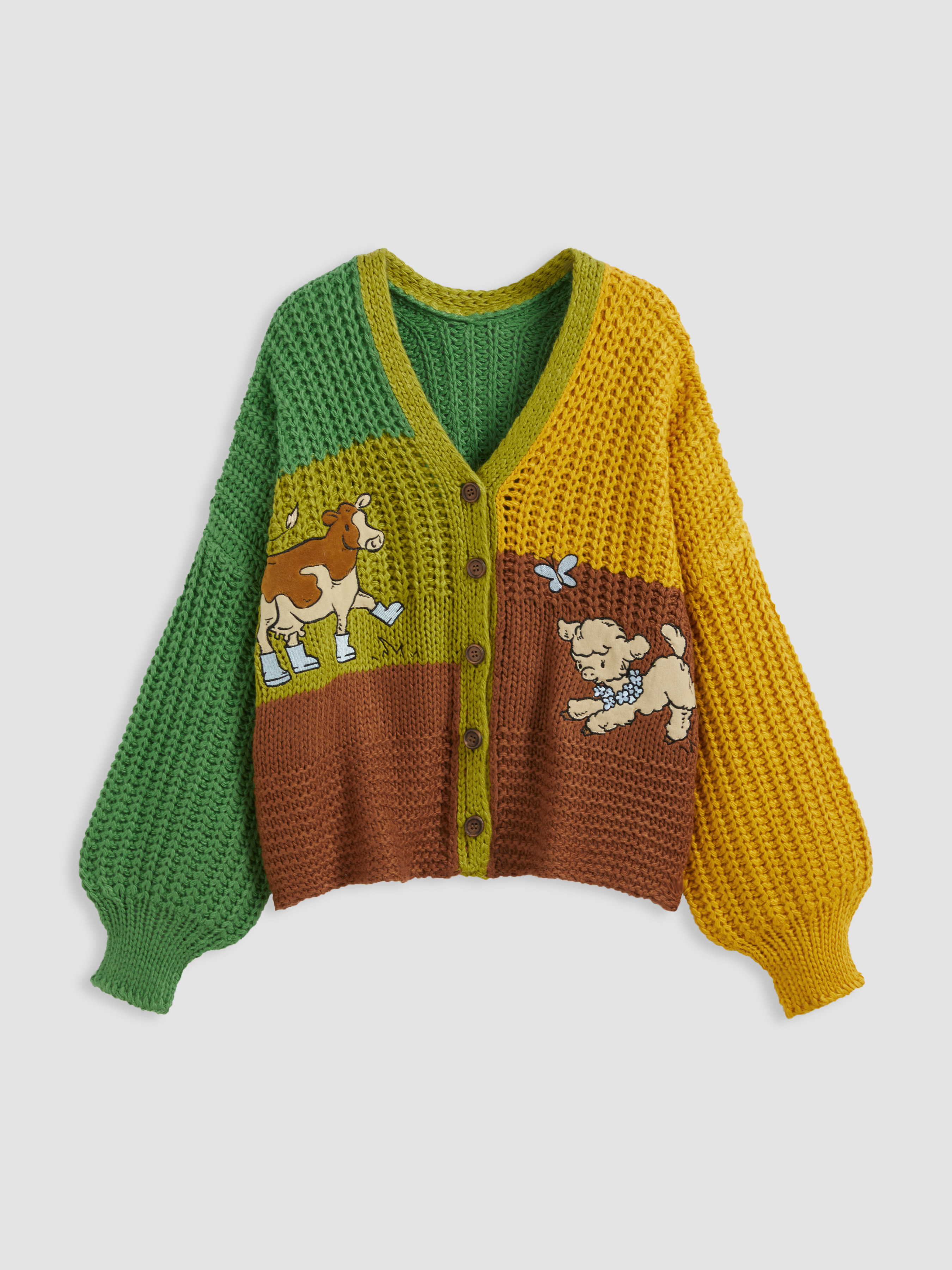 Knit Fabric Knitted V-neck Colorblock Sheep Cow Button