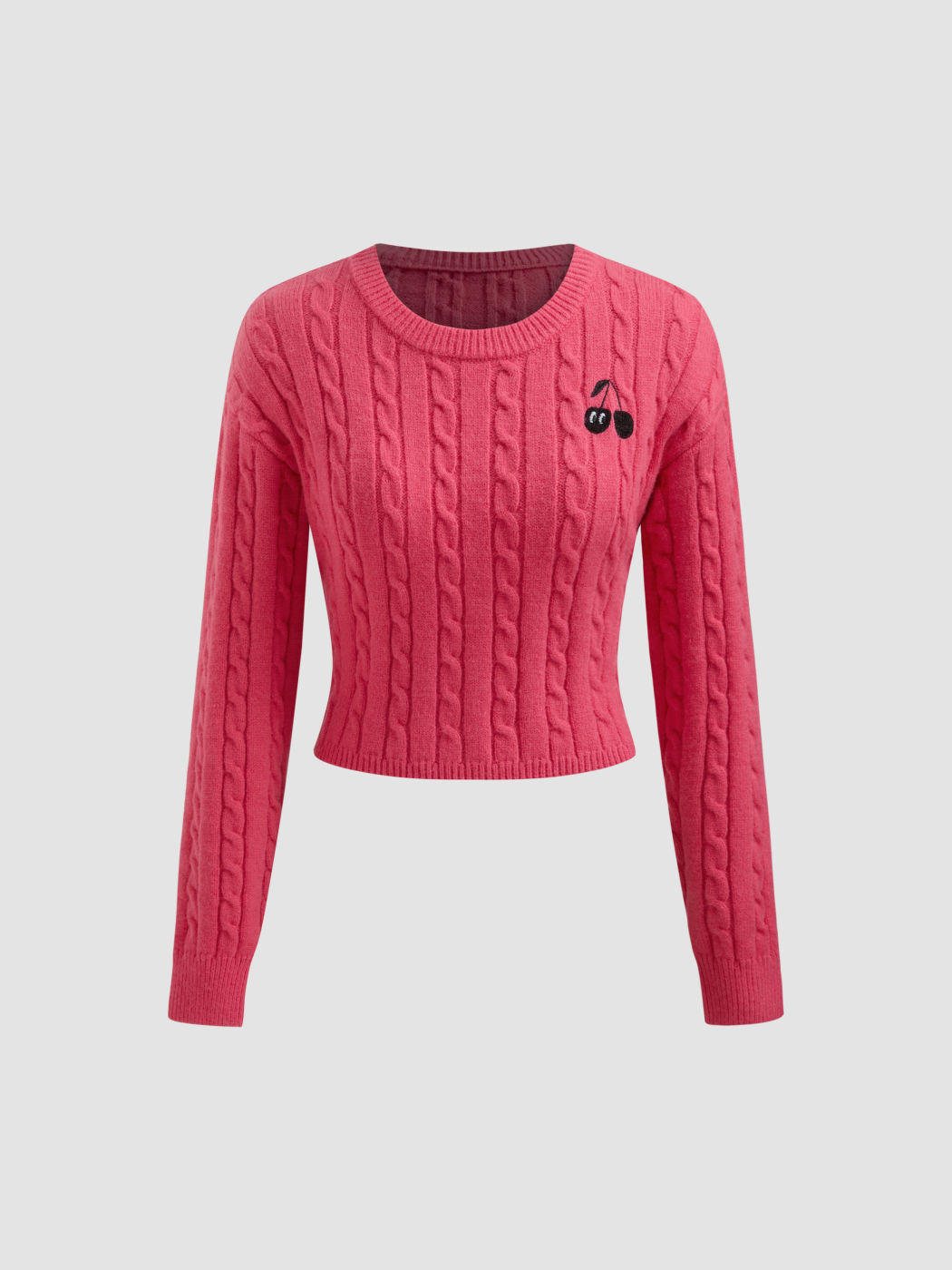 Cable Knit Round Neckline Cherry Long Sleeve Crop Top