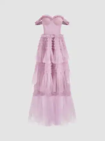 Woven Corset Layered Tulle Ruffle Maxi Dress