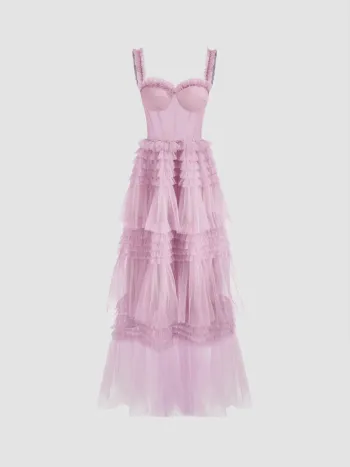 Woven Corset Layered Tulle Ruffle Maxi Dress