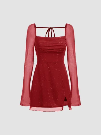 Quadratischer Hals, einfarbig, glitzernd, geknotetes Minikleid