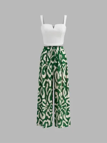 Square Neck Solid Crop Tank Top With High Rise Abstract Knotted Wide Leg Trousers