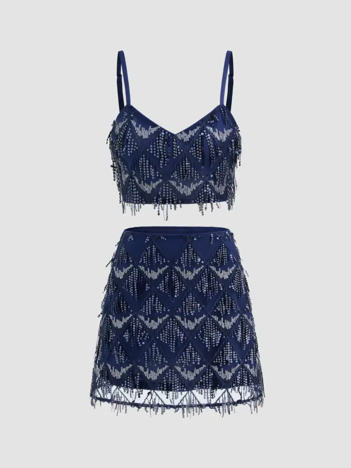 Jacquard Square Neck Floral Crop Cami Top & High Rise Zipper Mini Skirt Set