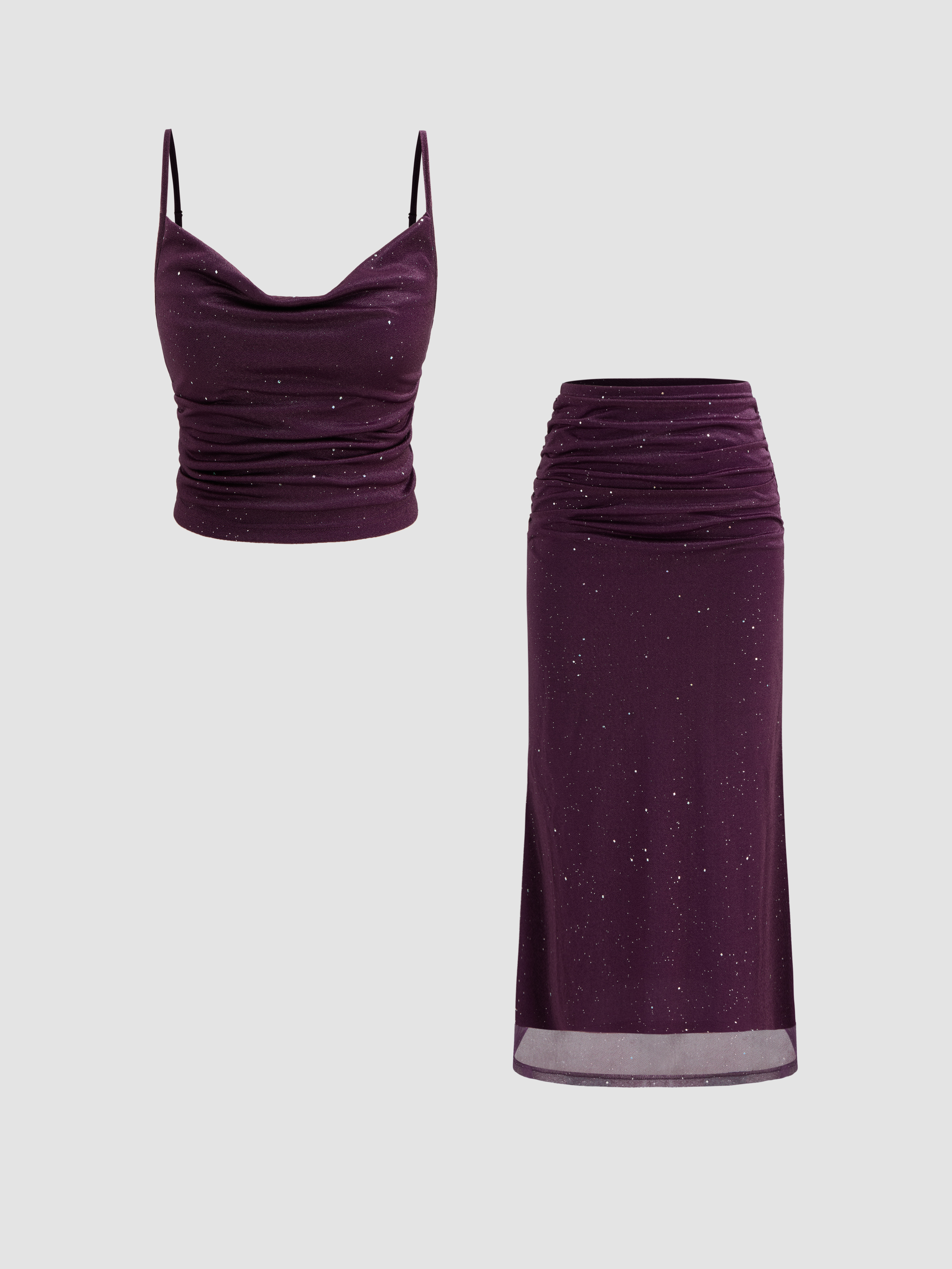 Knit Fabric Cowl Neck Sequin Crop Cami Top & Ruched Maxi