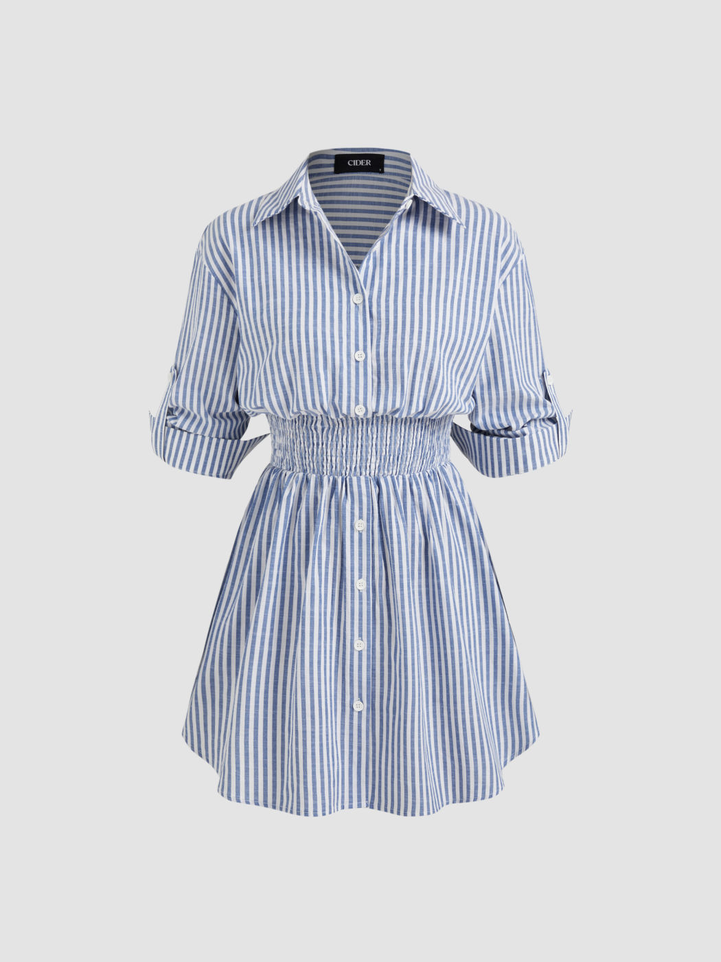 Baumwollmischung Kragen Streifen Shirred Knopf Mini Hemddress