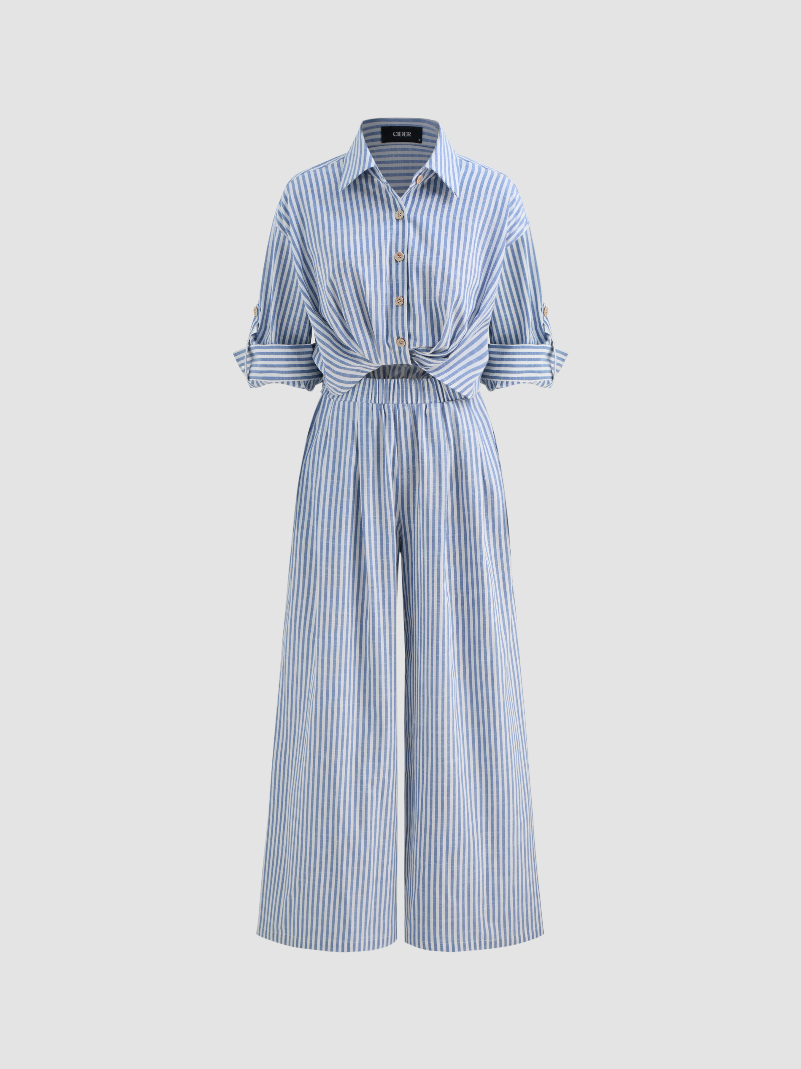 【Raucohouse】Joy stripe loose fit long sleeve Woven Cotton-blend Collar Solid Striped Knotted Roll-up