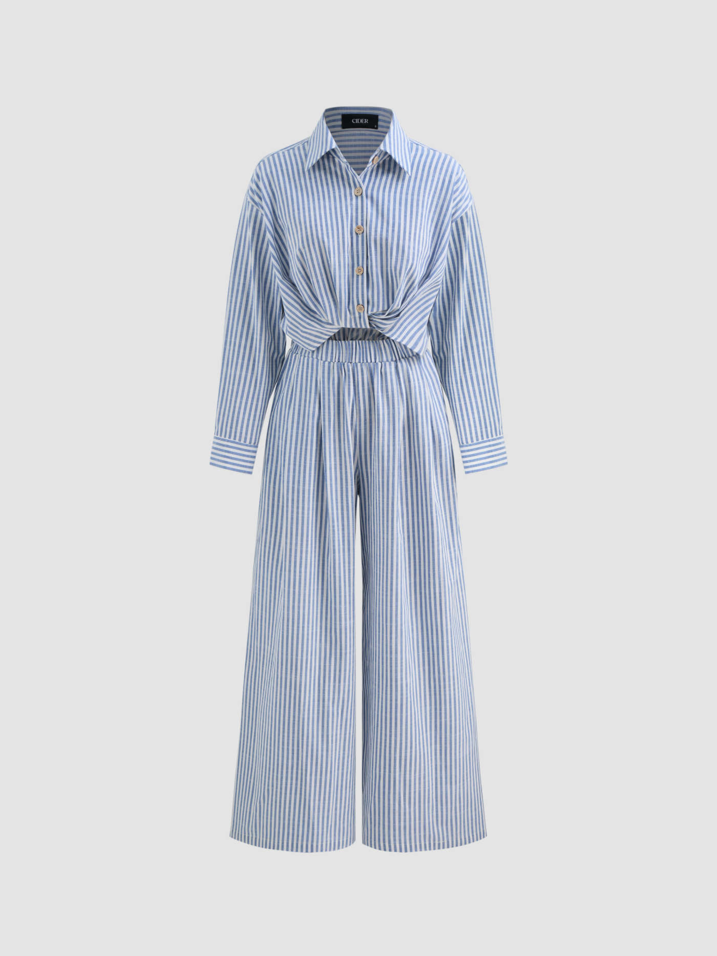 Cotton-blend Collar Solid Striped Knotted Roll-up Sleeve Jumpsuit