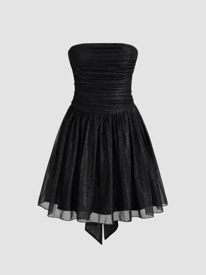 Knit Fabric Tube Solid Glitter Ruched Knotted Tulle Ruffle Mini Dress For Date Party/Clubbing Knit Fabric Tube Solid Glitter Ruched Knotted Tulle Ruffle Mini Dress For Date Party/Clubbing