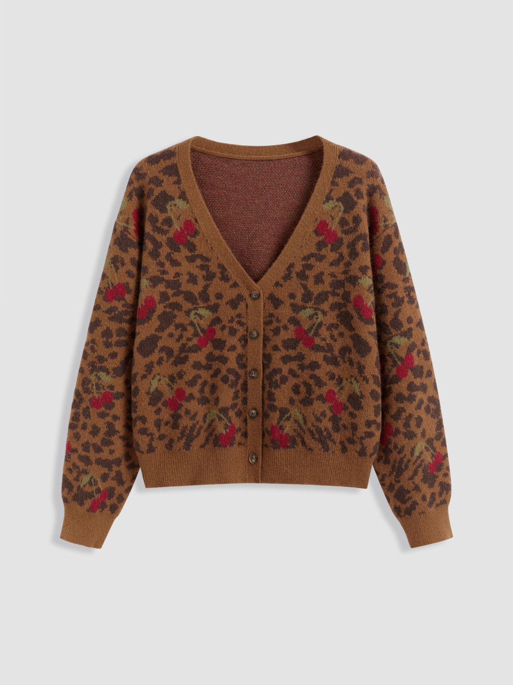 Jacquard V-neck Leopard Cherry Button Long Sleeve Sweater Curve & Plus