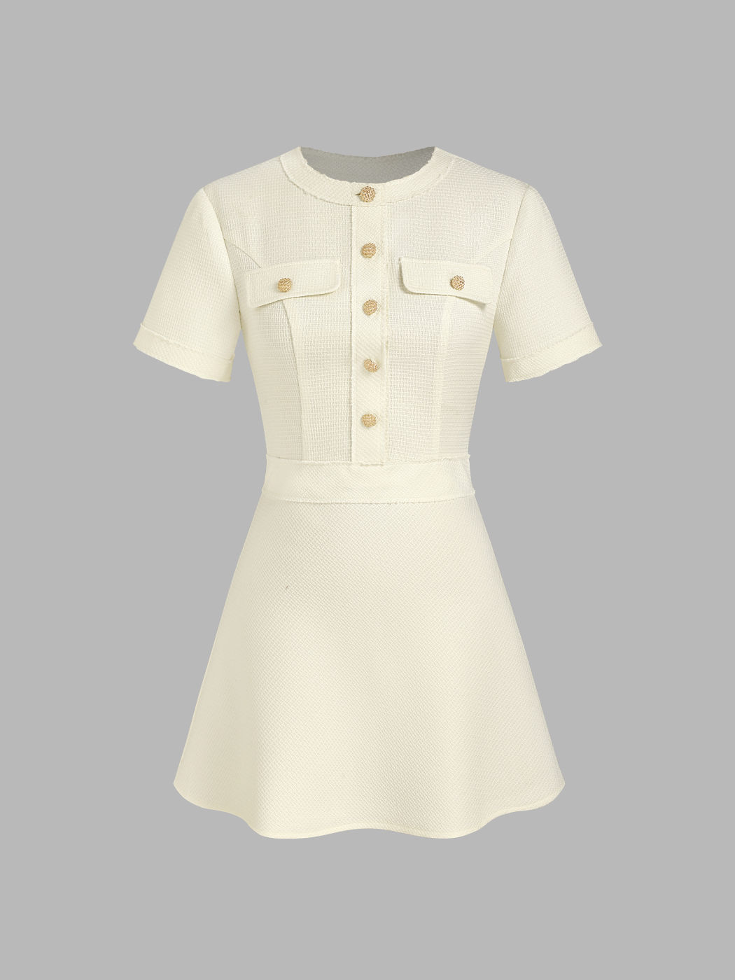 Round Neckline Solid Button Short Sleeve Mini Dress