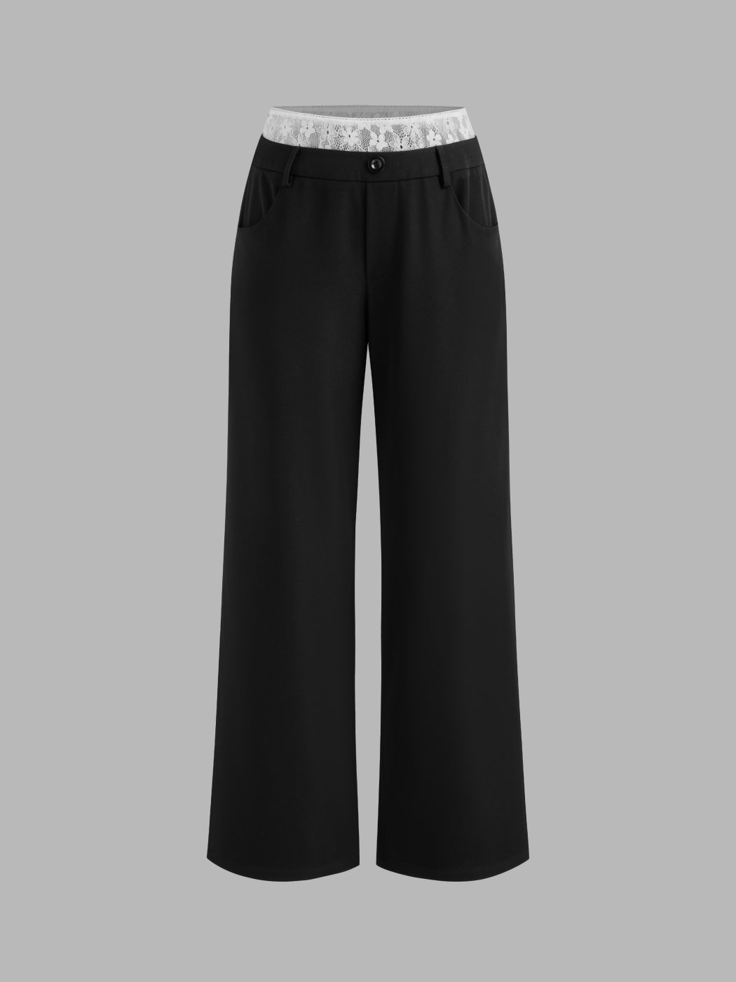 Mid Rise Solid Lace Trim Pocket Straight Leg Trousers