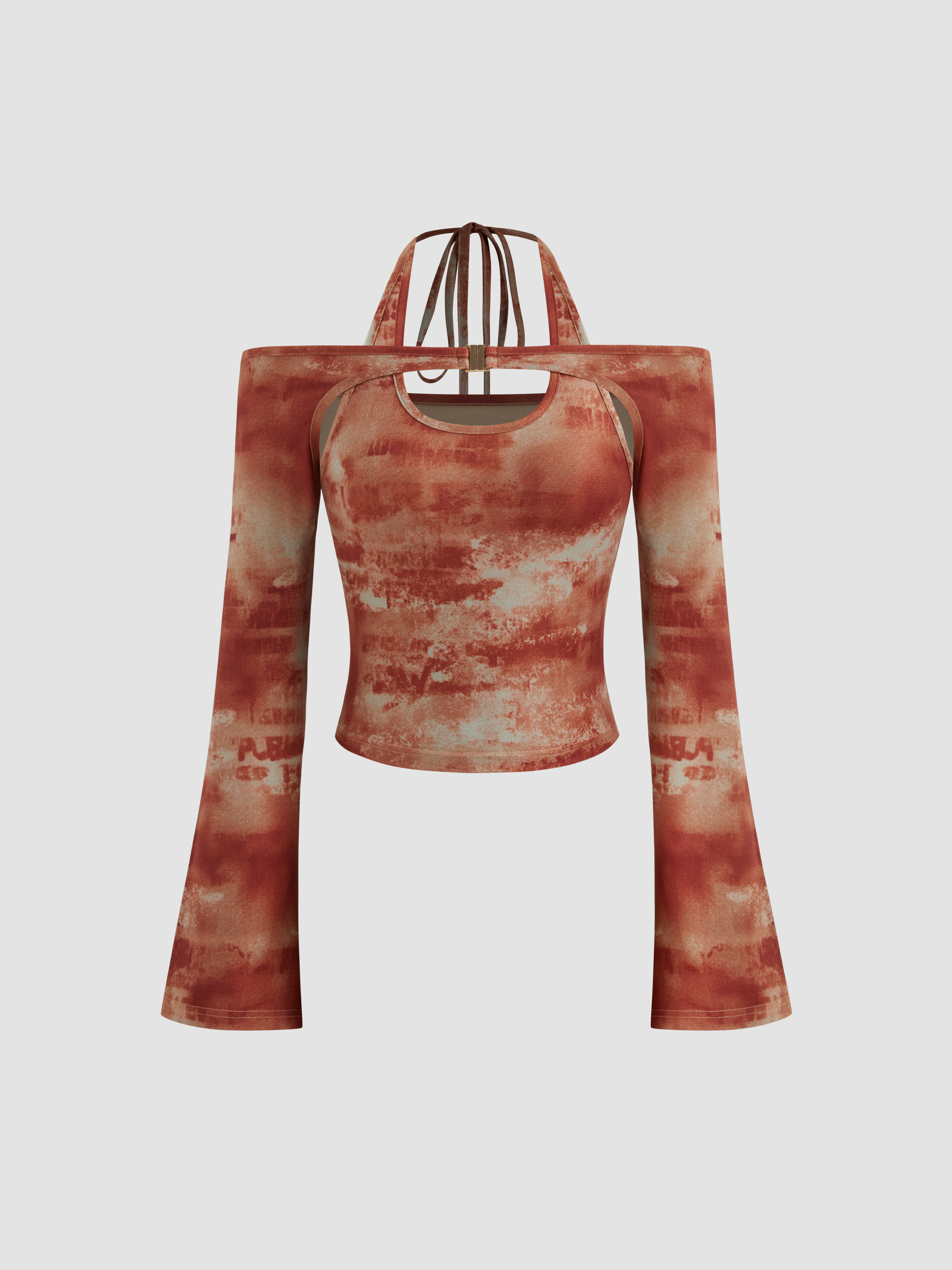 Halter Neckline Abstract Buckle Knotted Long Sleeve Top