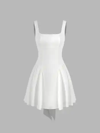 Satin Square Neck Solid Ruffle Knotted Mini Dress
