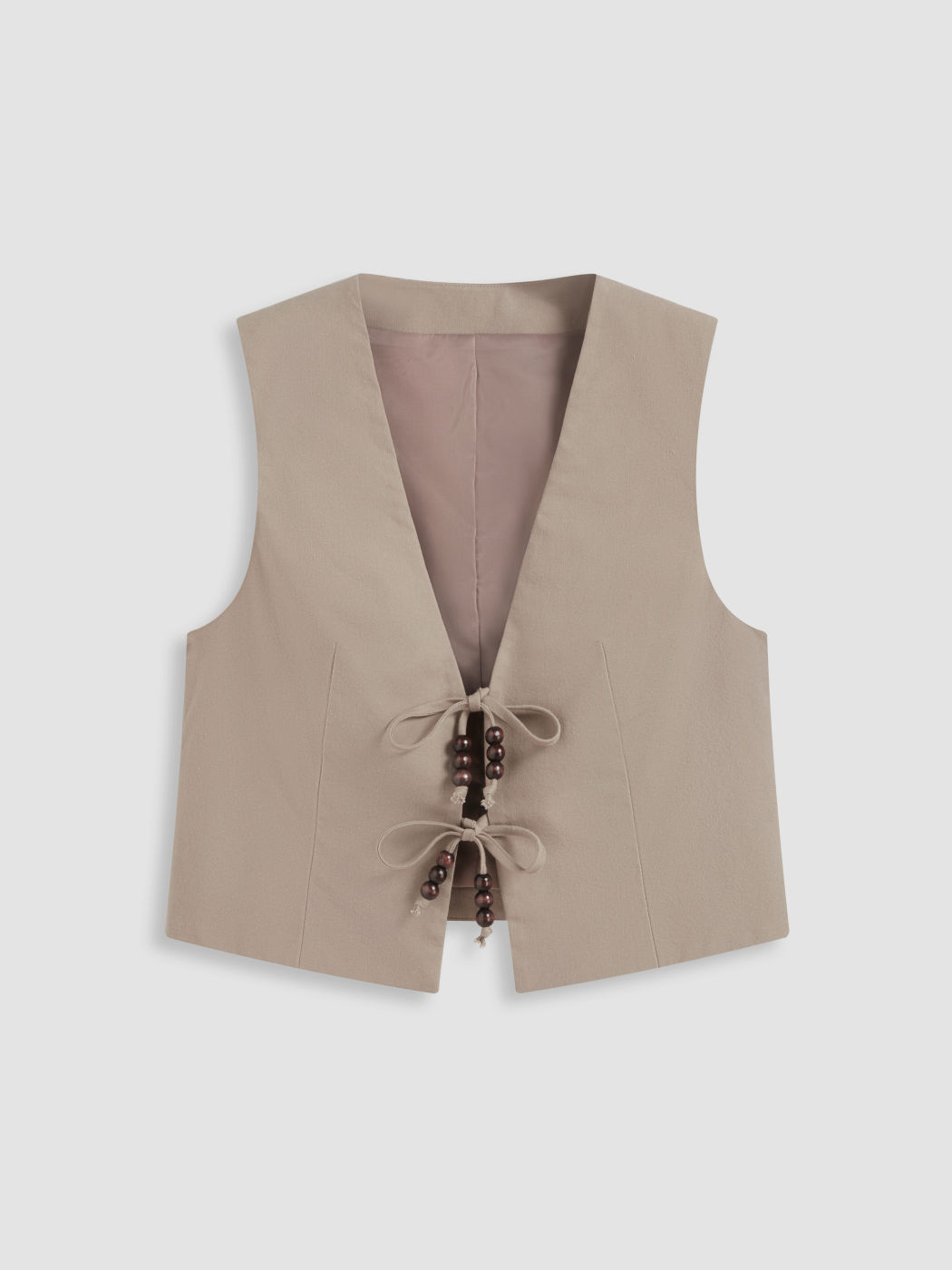 Linen-blend V-neck Solid Beaded Knotted Blazer Vest