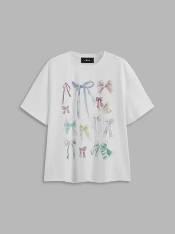 Round Neckline Bowknot Graphic Short Sleeve Oversized Tee