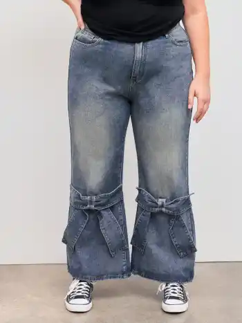  Denim Mittlere Taille Solid Schleife Ausgestellte Jeans Kurve & Plus