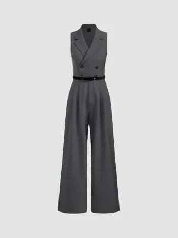 Collar Solid Button Jumpsuit With Belt
