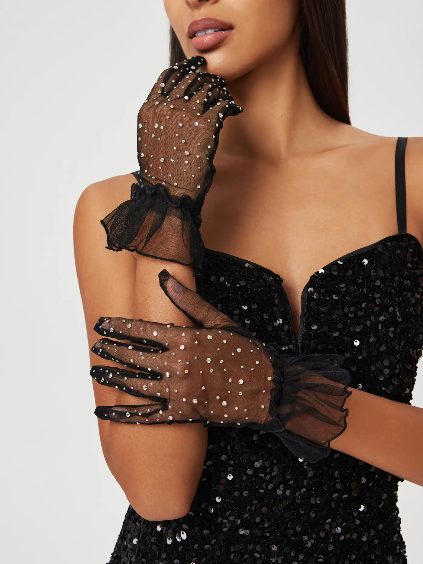 RHINESTONE TULLE GLOVES