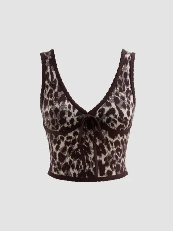 Knitted V-neck Leopard Knotted Crop Top