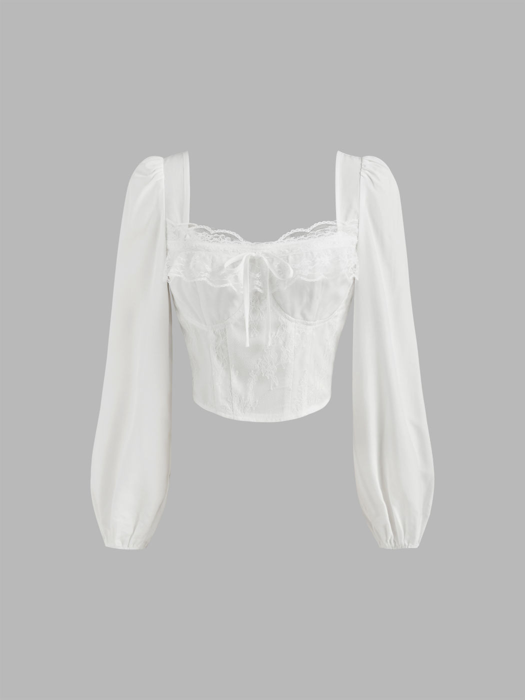 Square Neck Solid Lace Corset Shirred Knotted Long Sleeve Blouse