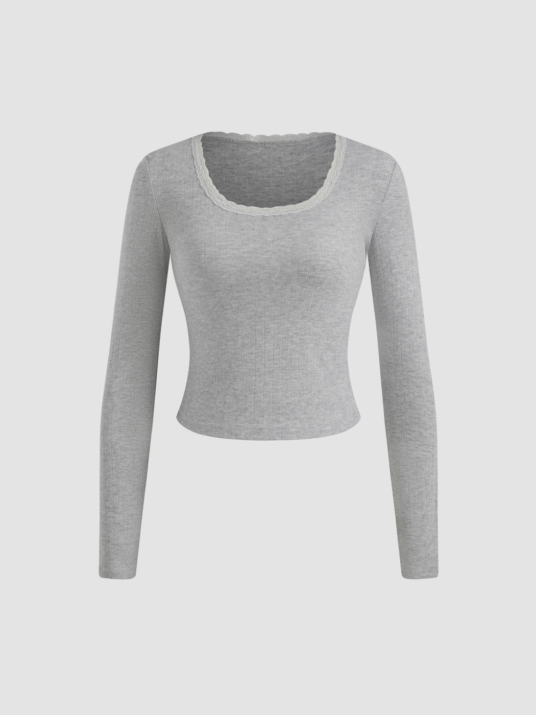 Pointelle Scoop Neckline Solid Lace Trim Long Sleeve Top