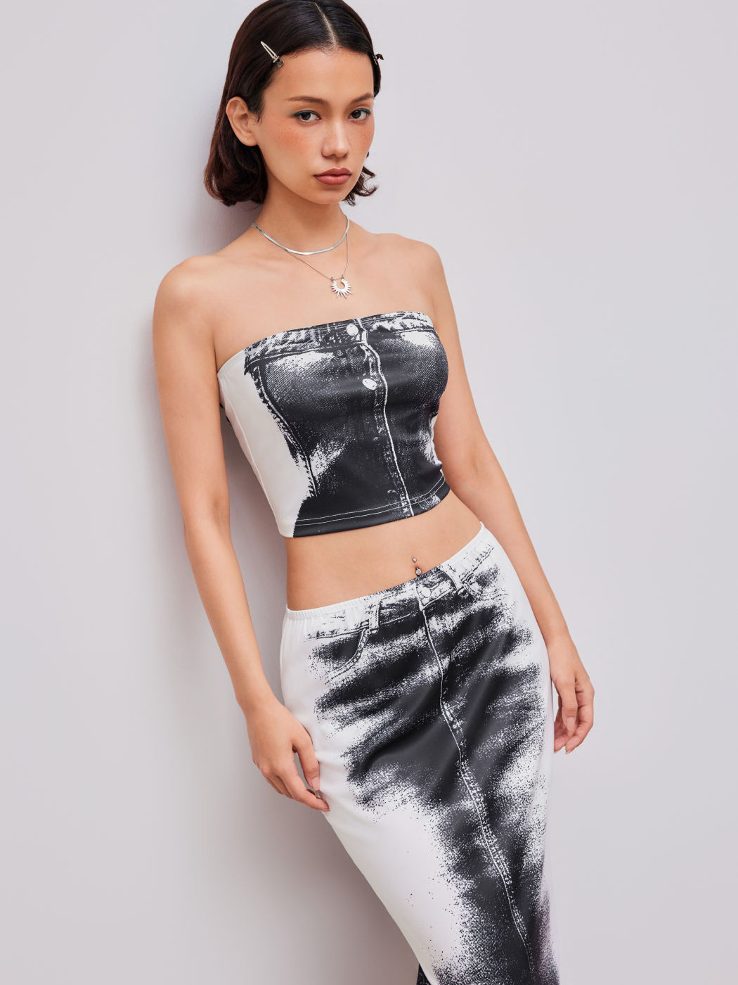 Tube Abstract Crop Top & Mid Rise Abstract Pocket Split Midi Skirt Set