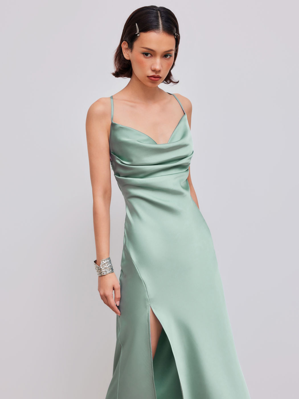 Satin Cowl Neck Solid Ruched Criss Cross Split Maxi Dress