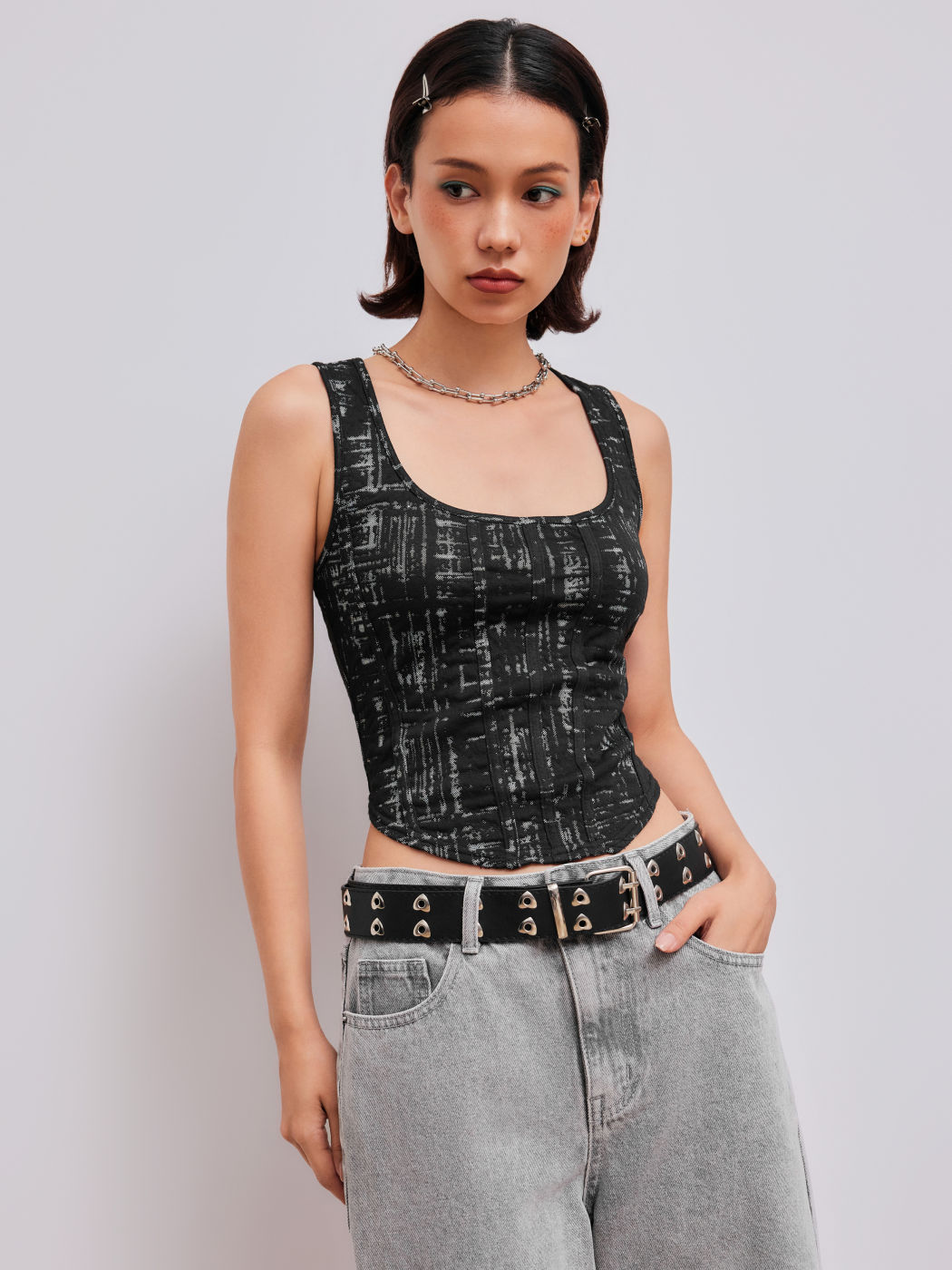 Baumwollmischung Scoop-Ausschnitt Abstraktes Crop-Top