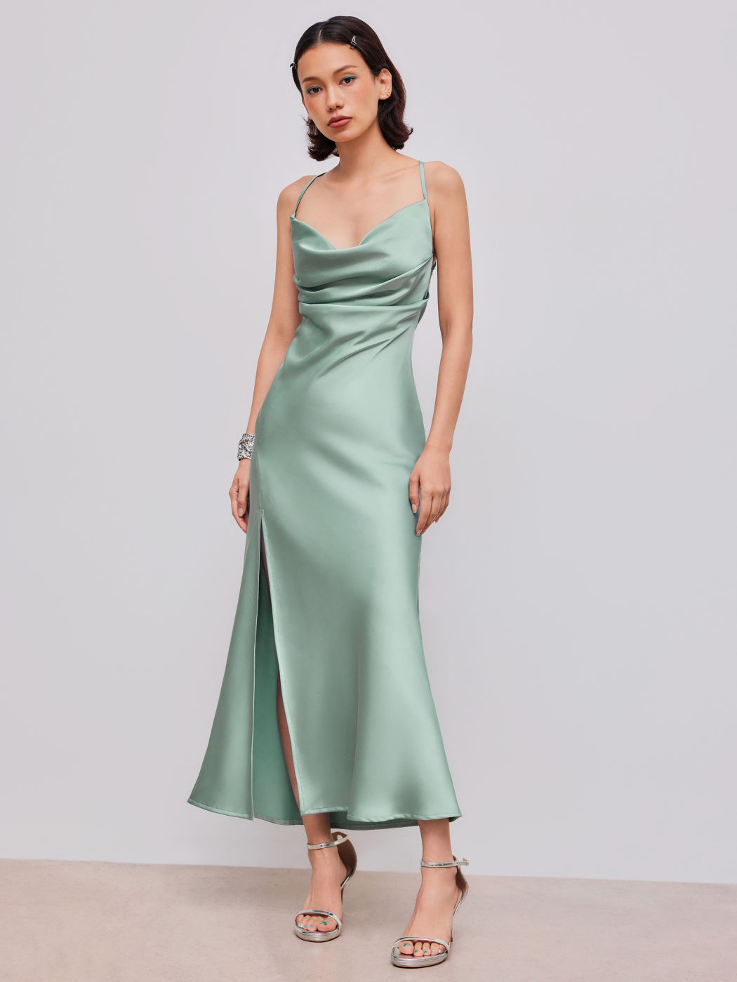 Satin Cowl Neck Solid Ruched Criss Cross Split Maxi Dress