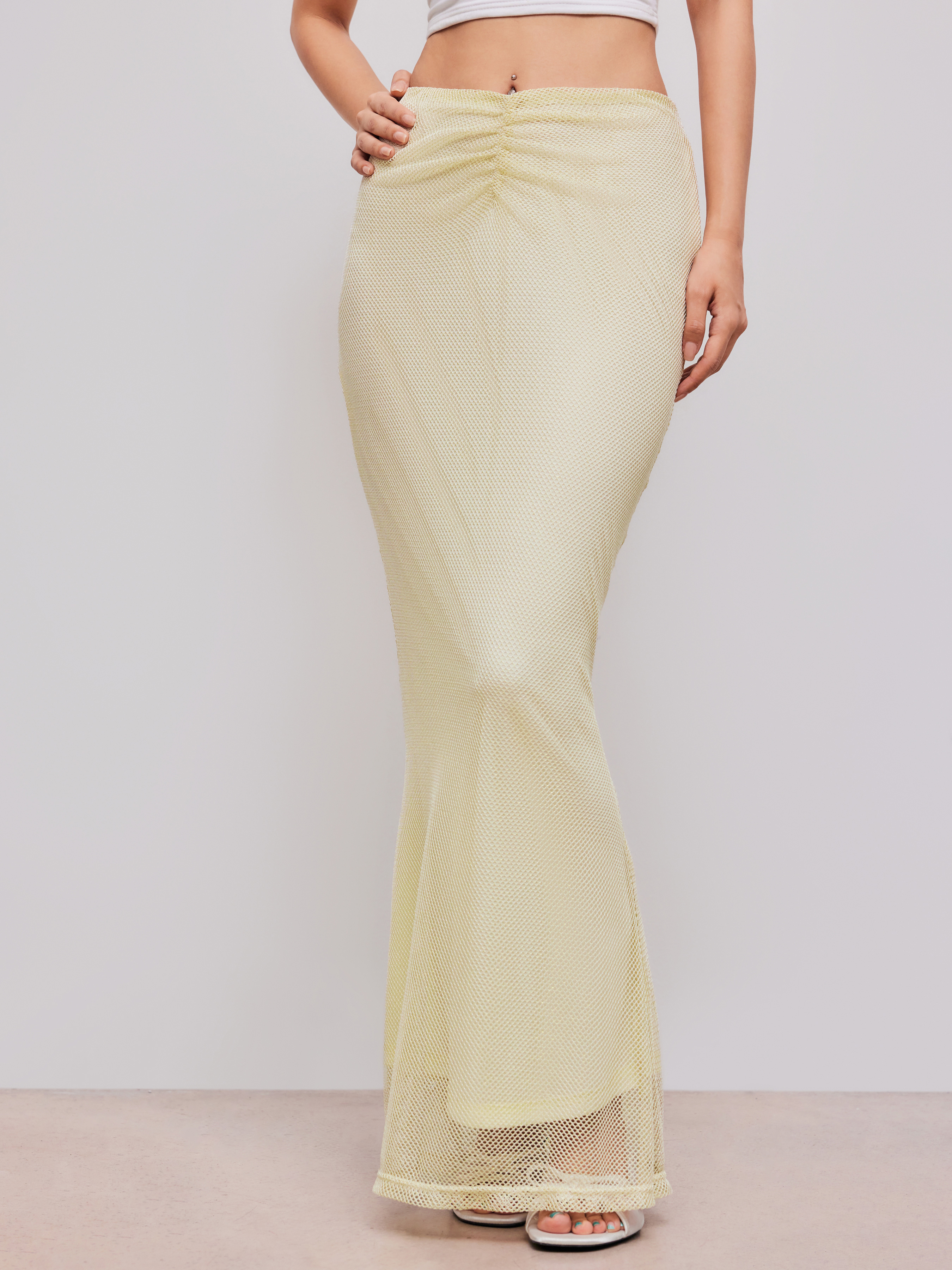 Mesh Solid Ruched Mermaid Maxi Skirt