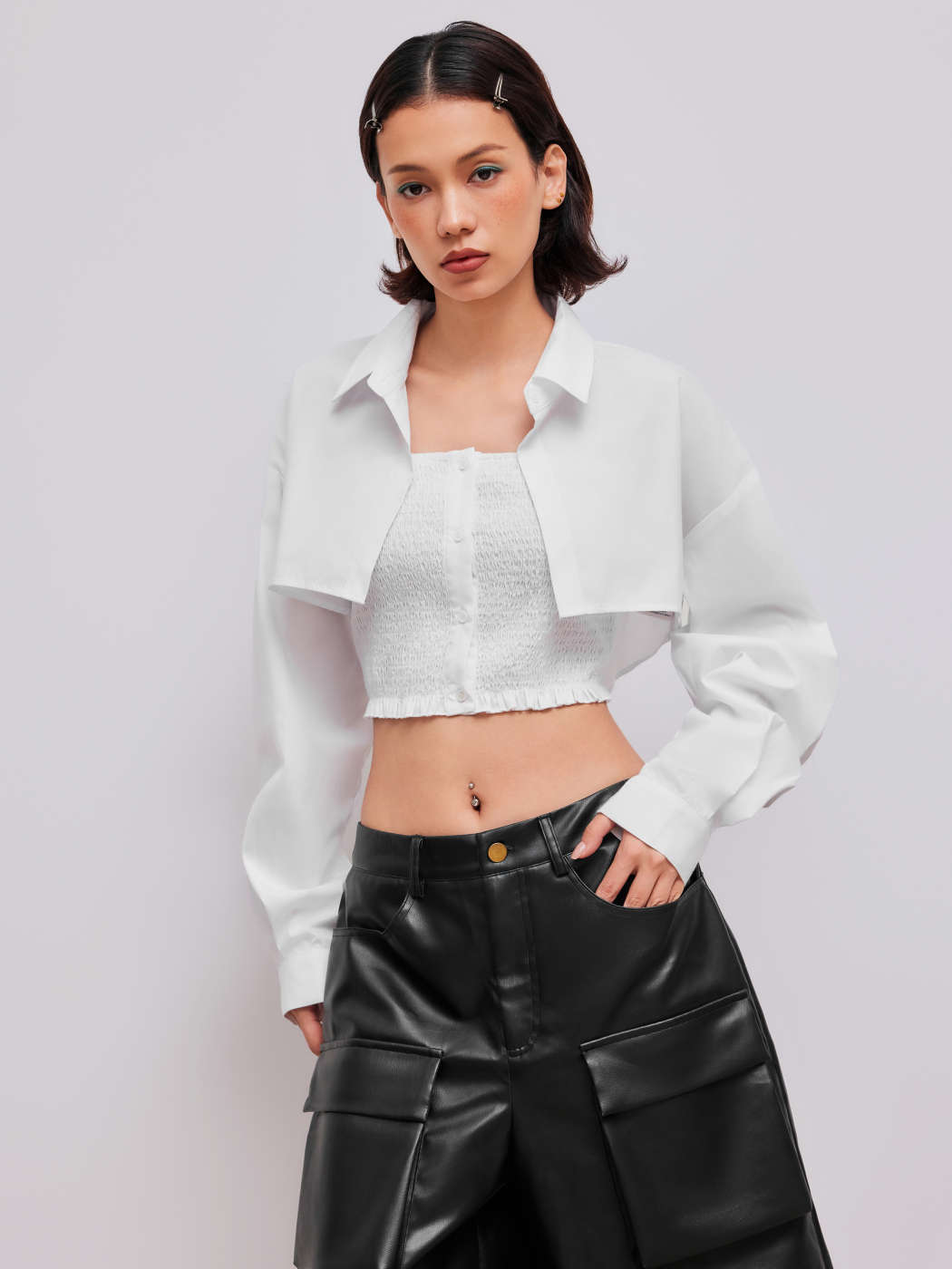 Blouse Crop Top Con Camisa Woven Cotton-blend Collar Solid Long