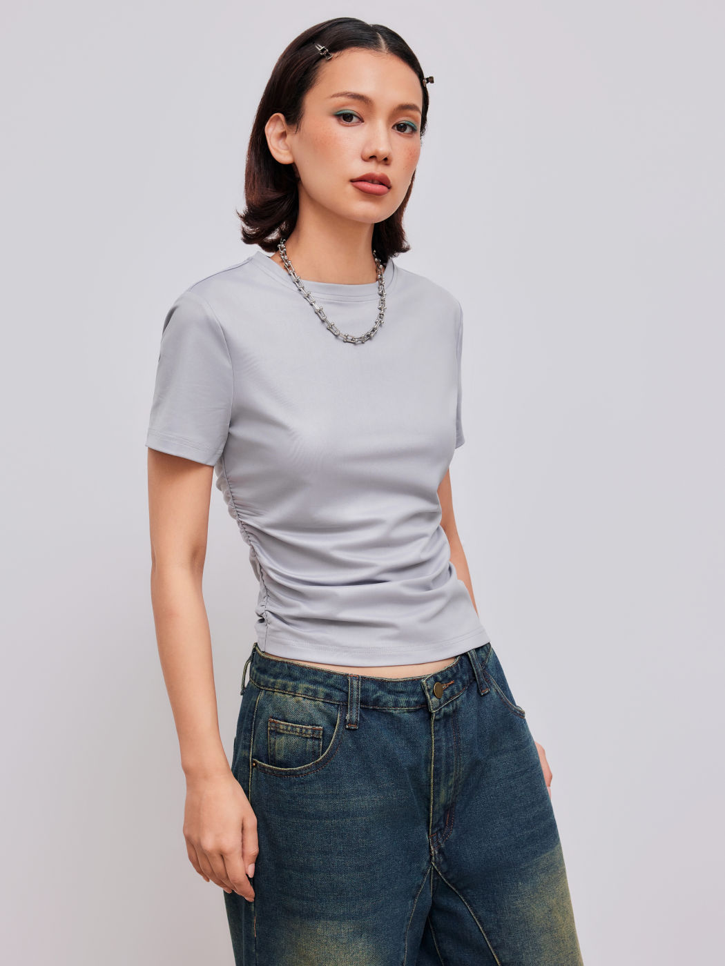 Rundhalsausschnitt Einfarbig Gerafftes Kurzarmshirt