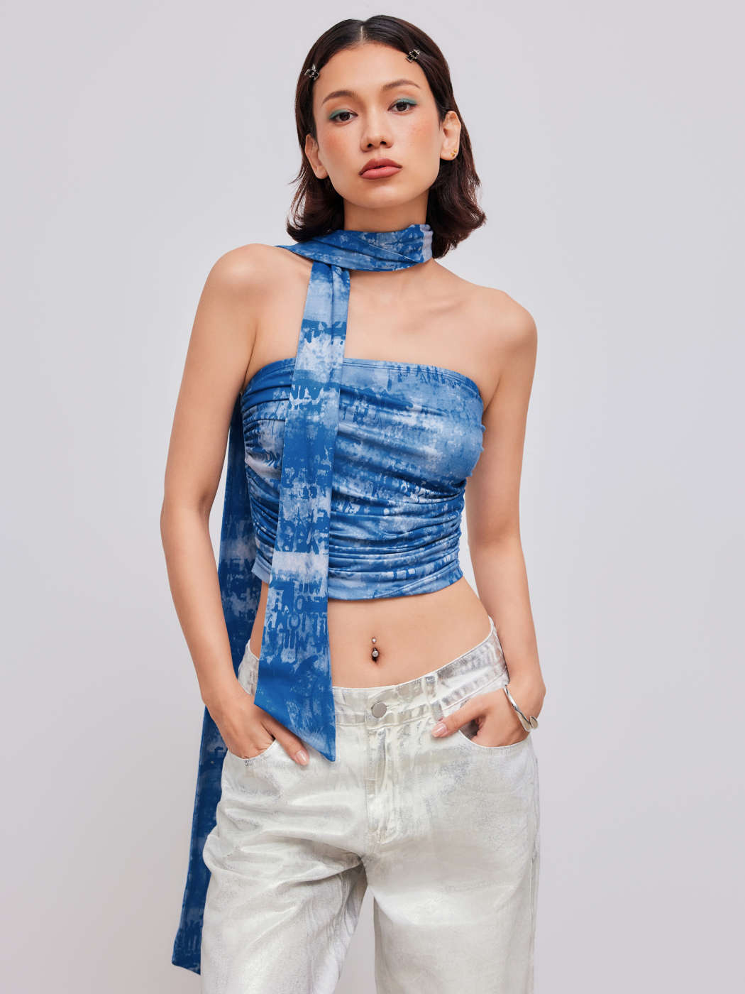 Knit Fabric Abstract Ruched Crop Tube Top With Scarf For Music