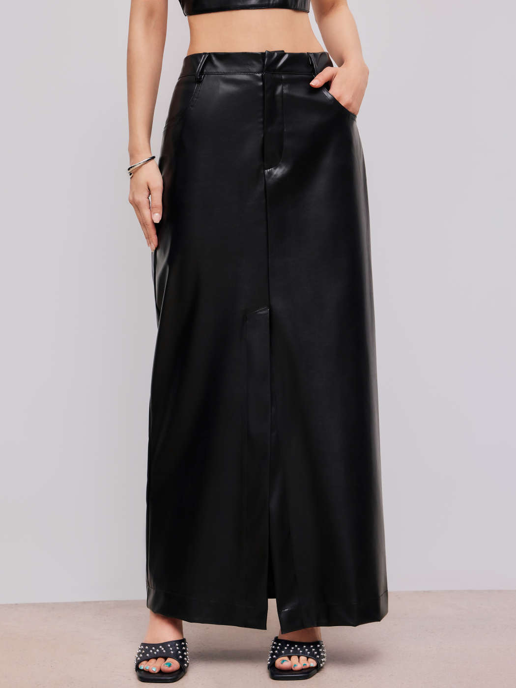 Vegan Leather Maxi Skirt Plain Black Leather Skirt Lautaro Autumn