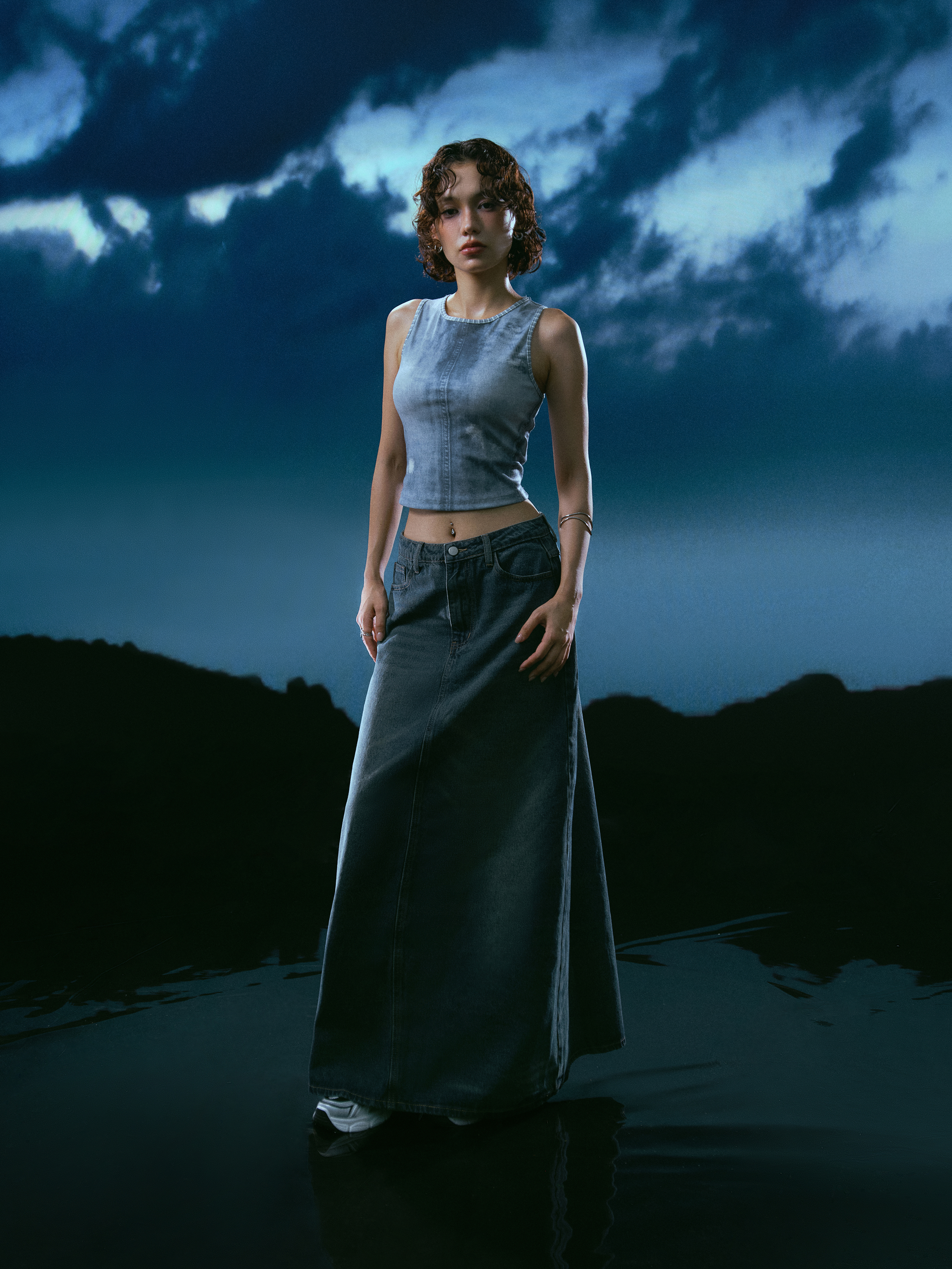 Denim Mid Waist Solid Pocket Maxi Skirt
