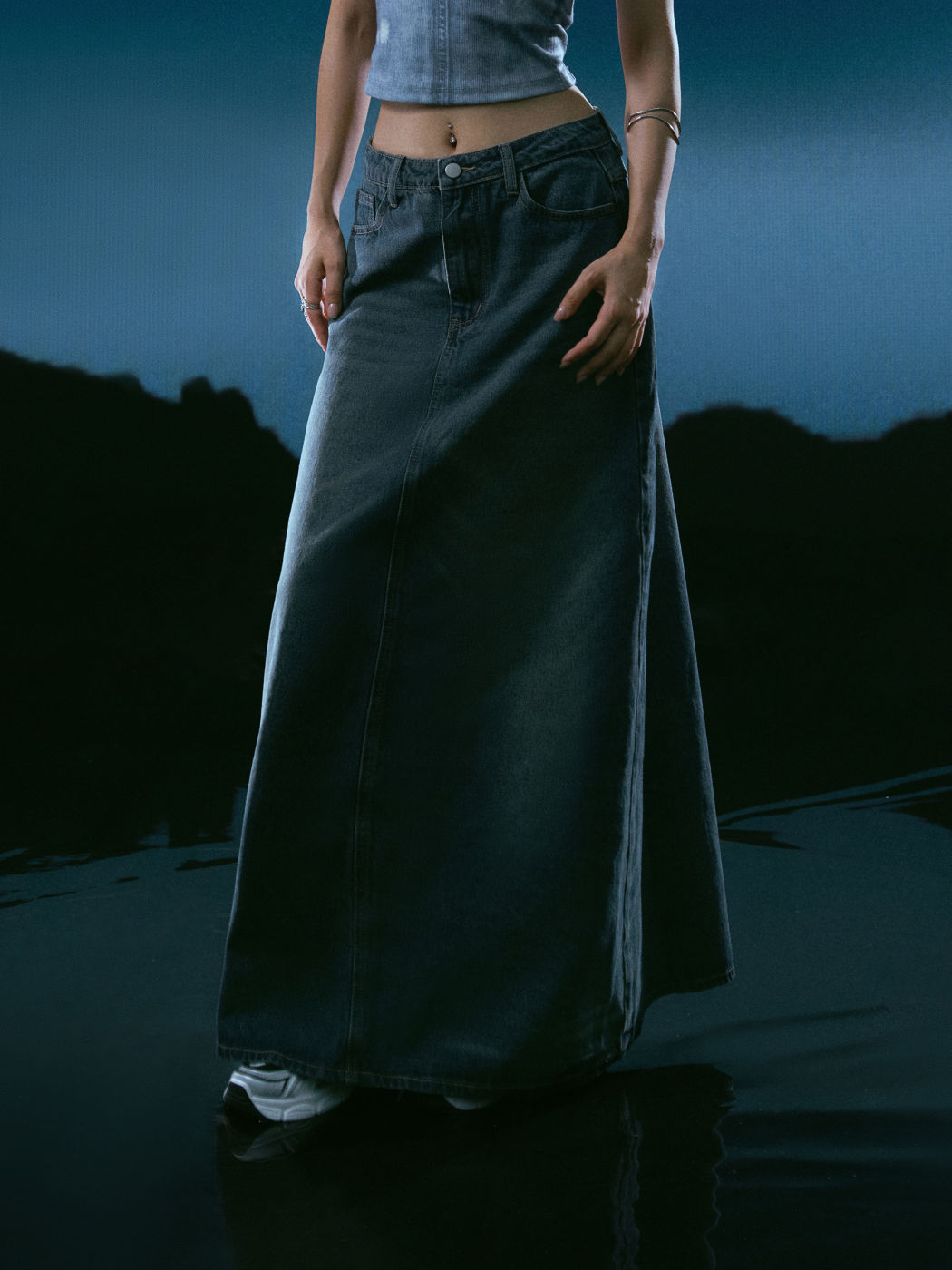 Mid Waist Solid Pocket Maxirock