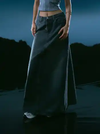 Jupe longue en jean taille mi-haute unie