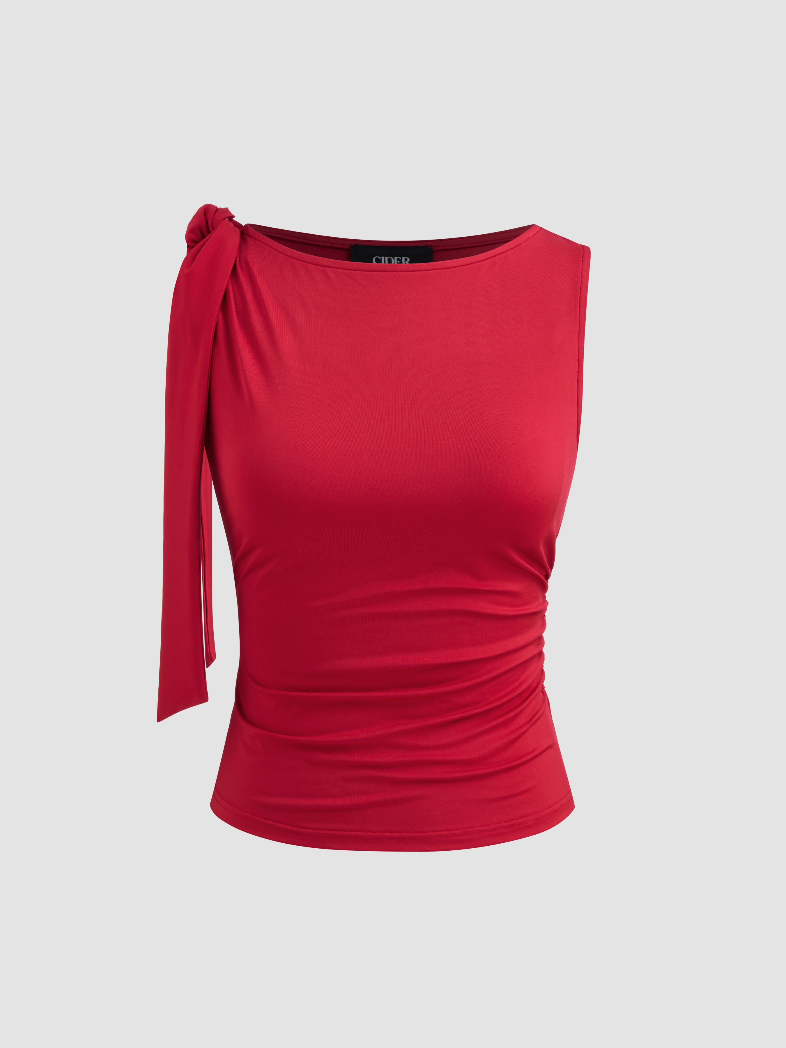 Knit Fabric Boat Neckline Solid Knotted Ruched Tank Top For