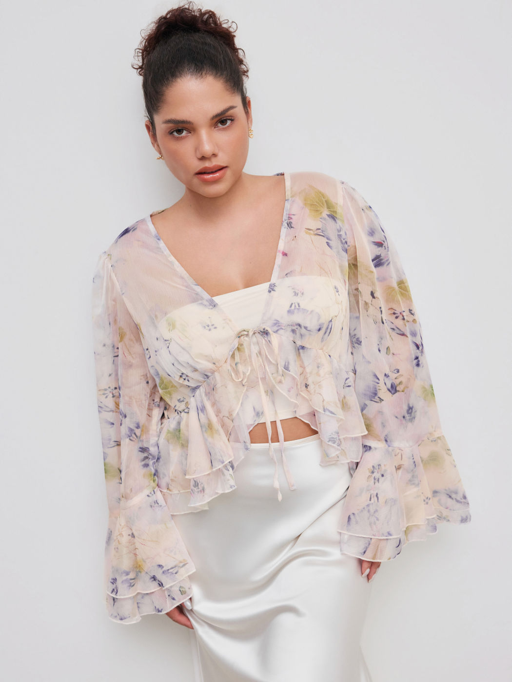 V-neck Floral Knotted Ruffle Hem Long Sleeve Blouse With Solid Crop Tube Top Curve & Plus