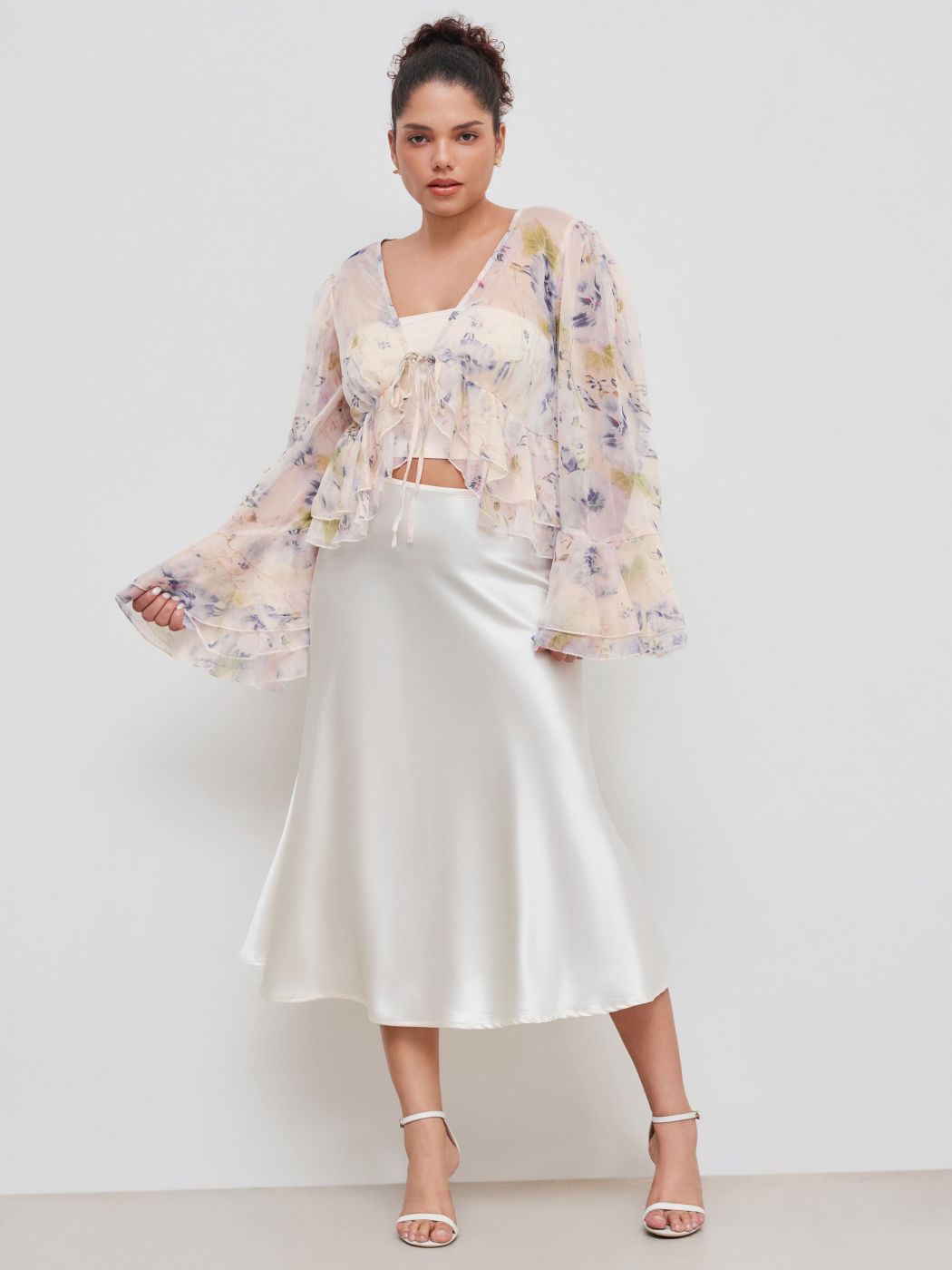 V-neck Floral Knotted Ruffle Hem Long Sleeve Blouse With Solid Crop Tube Top Curve & Plus