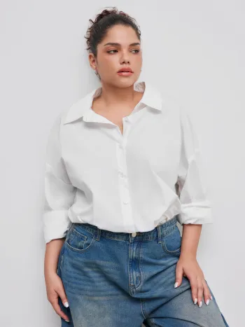 Chemise Oversize à Manches Longues en Coton Uni 100% Curve & Plus
