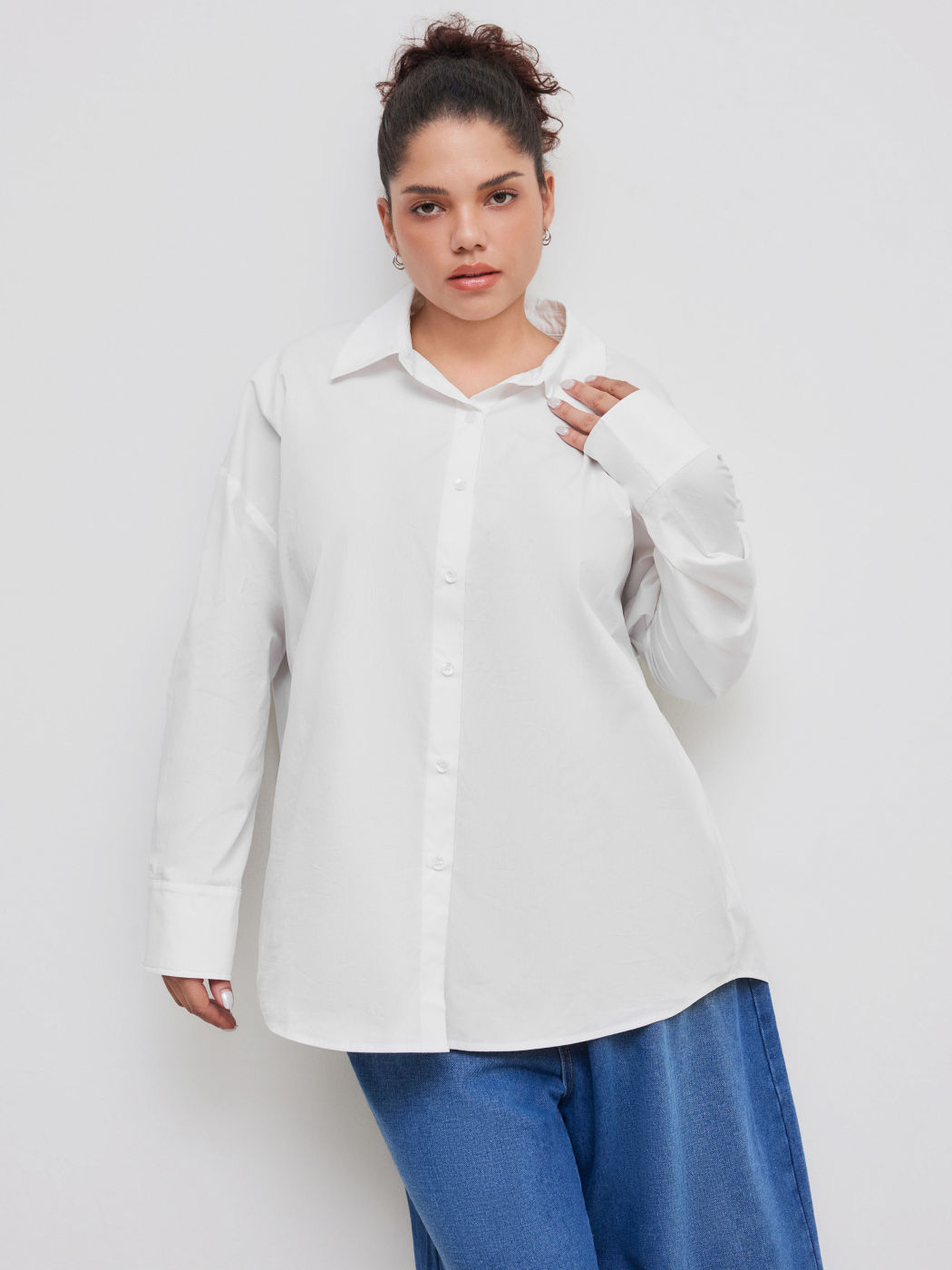 100% Cotton Collar Solid Button Long Sleeve Oversized Shirt Curve & Plus
