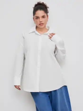 Chemise Oversize à Manches Longues en Coton Uni 100% Curve & Plus