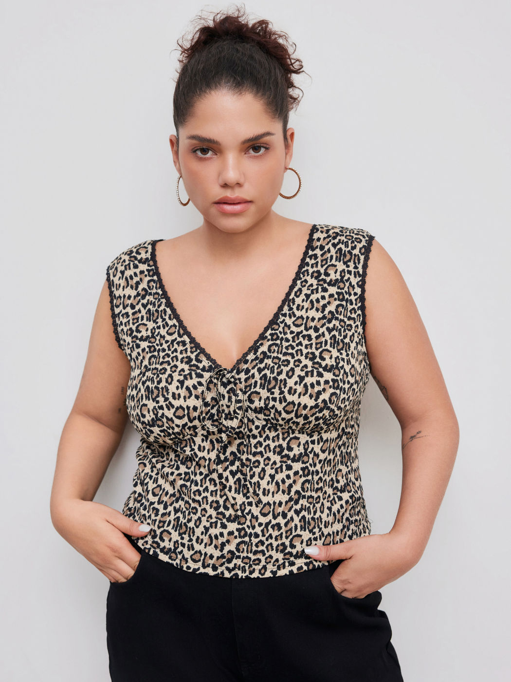 V-neck Leopard Lace Trim Tank Top Curve & Plus