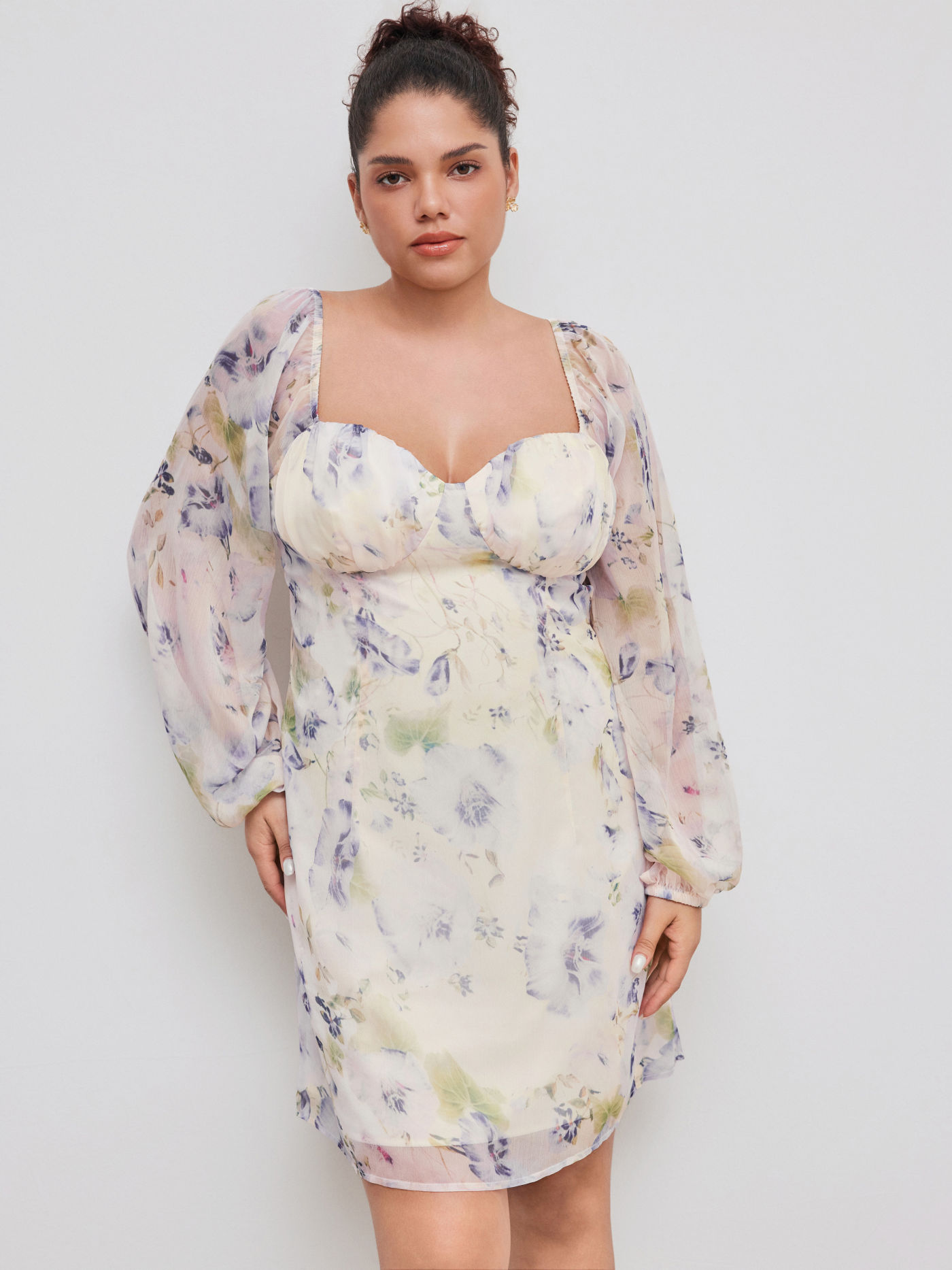 Sweetheart Neckline Floral Long Sleeve Mini Dress Curve & Plus