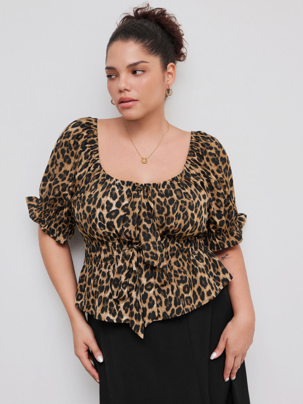 Square Neck Leopard Knotted Puff Sleeve Crop Blouse Curve & Plus
